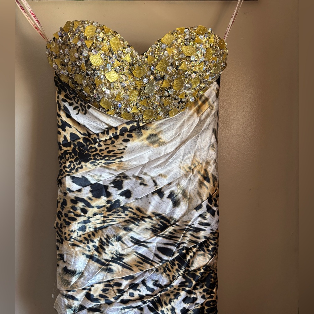 Strapless Gold and Animal Print Dress